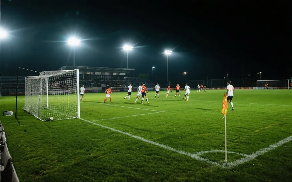 世界杯夜赛球场,灯光与草皮细节,紧张氛围,纪实摄影风格